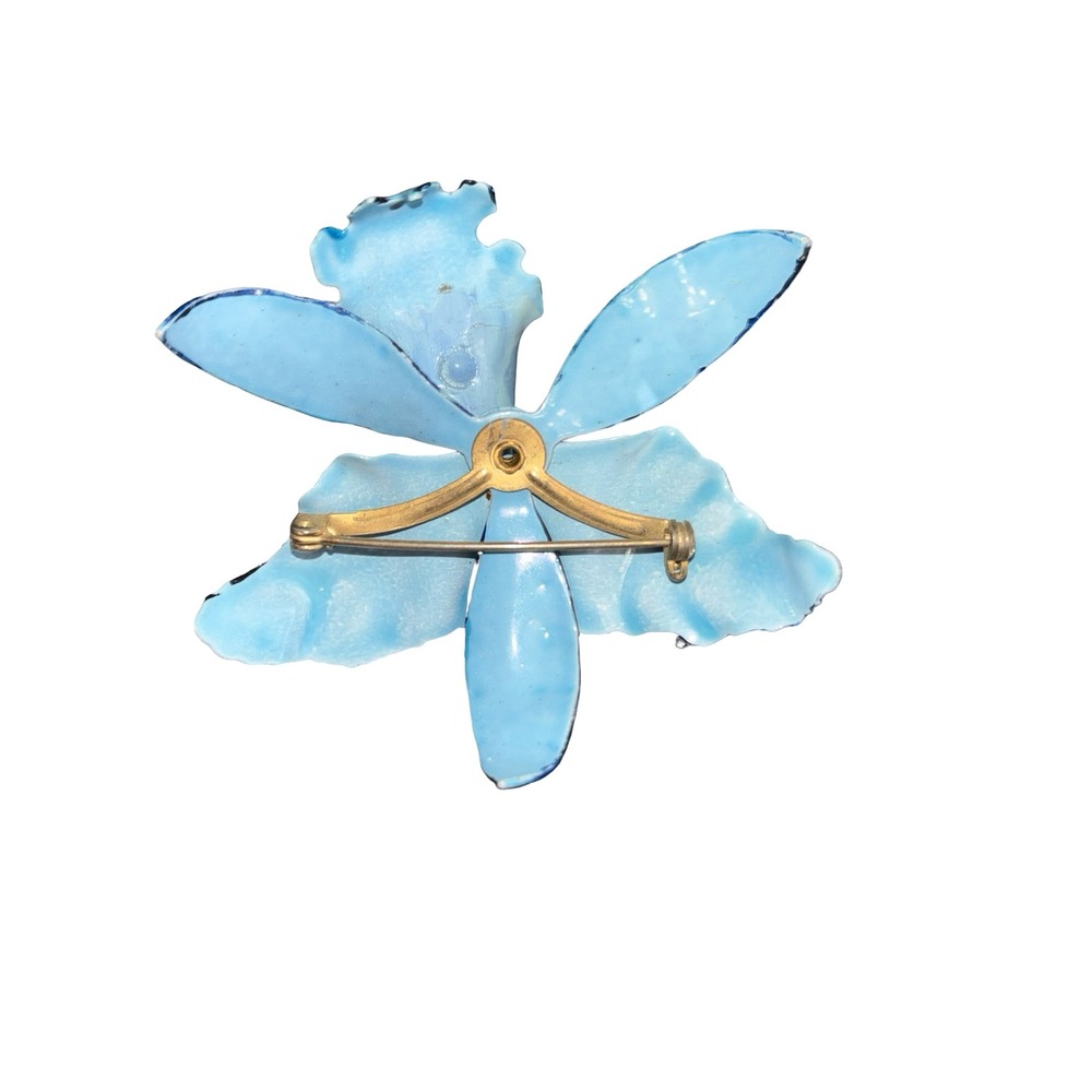 Vintage Blue Enameled Orchid Flower Brooch Rhinestone Accent Pin - Picture 2 of 2